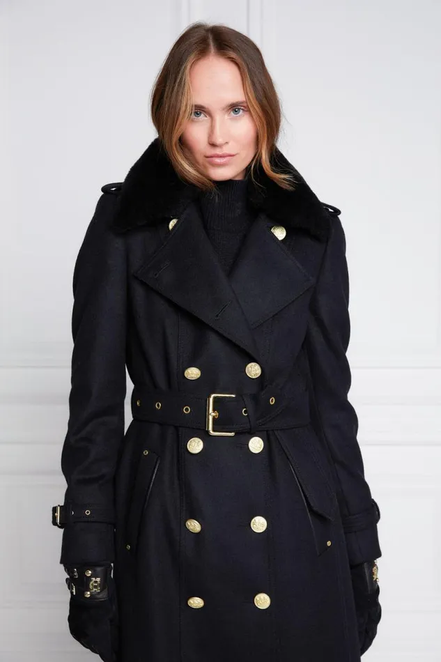 Women Marlborough Shearling Trench Coat Soft Black Holland Cooper Tailoring