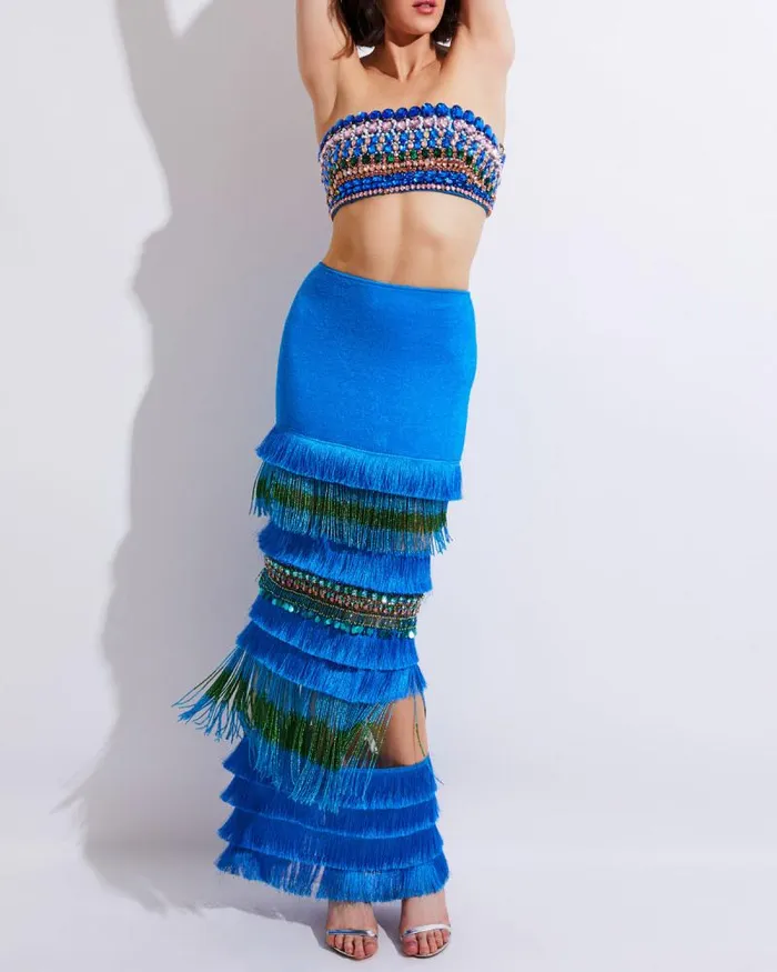 Women Matching Sets PatBO FULLY BEADED STRAPLESS TOP EXCLUSIVE FINAL SALE Blue