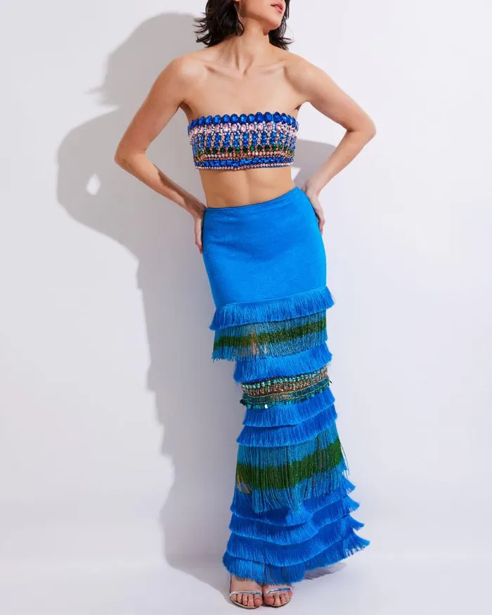Women Matching Sets PatBO FULLY BEADED STRAPLESS TOP EXCLUSIVE FINAL SALE Blue