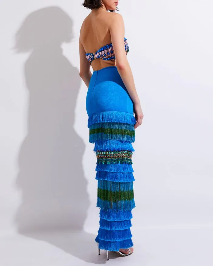Women Matching Sets PatBO FULLY BEADED STRAPLESS TOP EXCLUSIVE FINAL SALE Blue