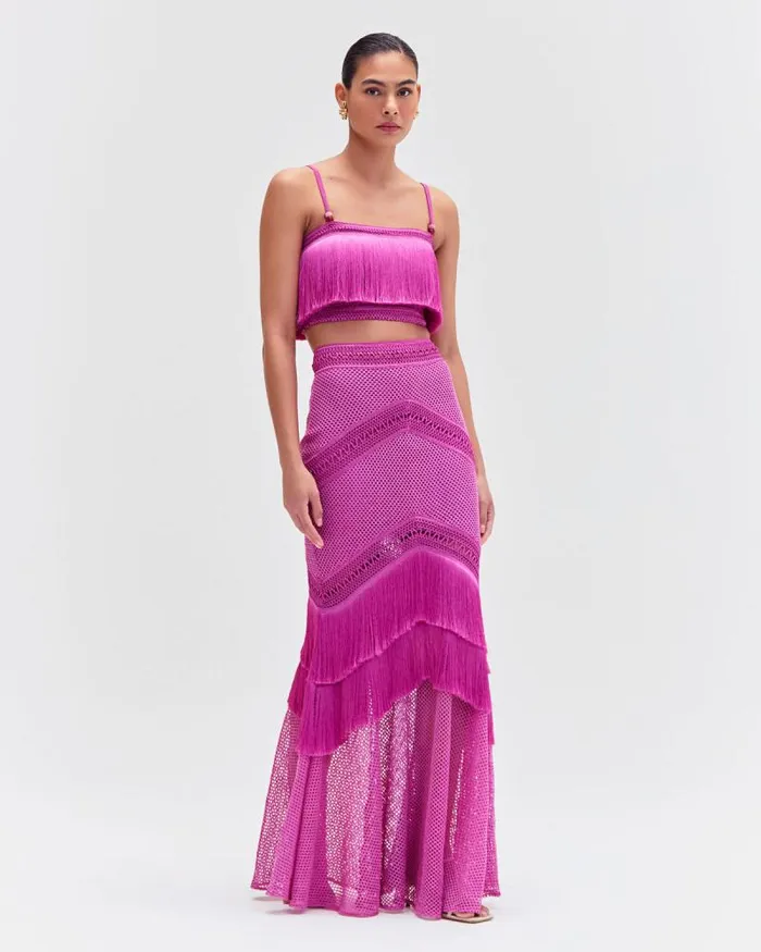 Women Matching Sets PatBO SLEEVELESS FRINGE CROPPED TOP Cerise