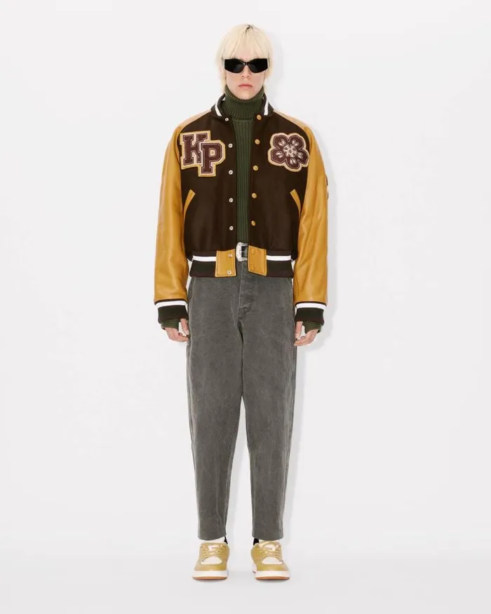 WomenMen 039Boke Flower039 Genderless Varsity Jacket In Wool And Leather Dark Brown Kenzo Jackets And Coats