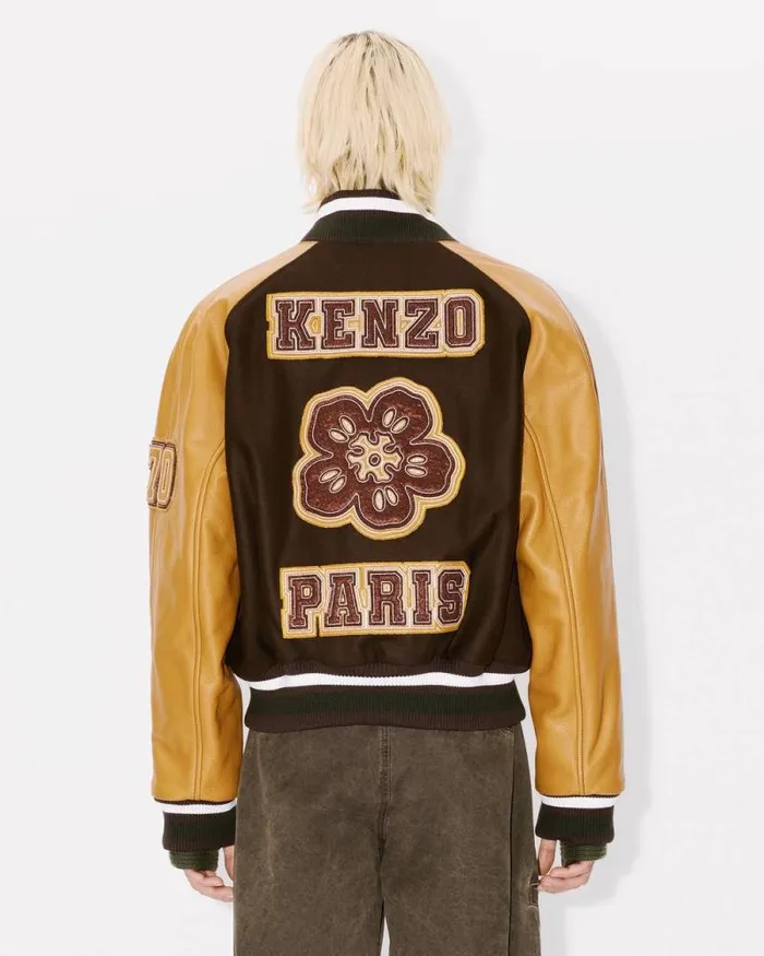 WomenMen 039Boke Flower039 Genderless Varsity Jacket In Wool And Leather Dark Brown Kenzo Jackets And Coats