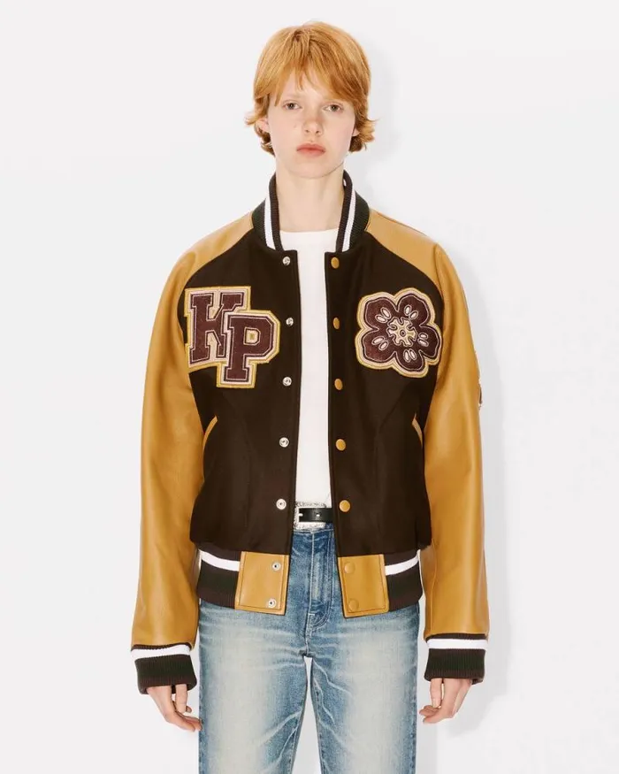 WomenMen 039Boke Flower039 Genderless Varsity Jacket In Wool And Leather Dark Brown Kenzo Jackets And Coats