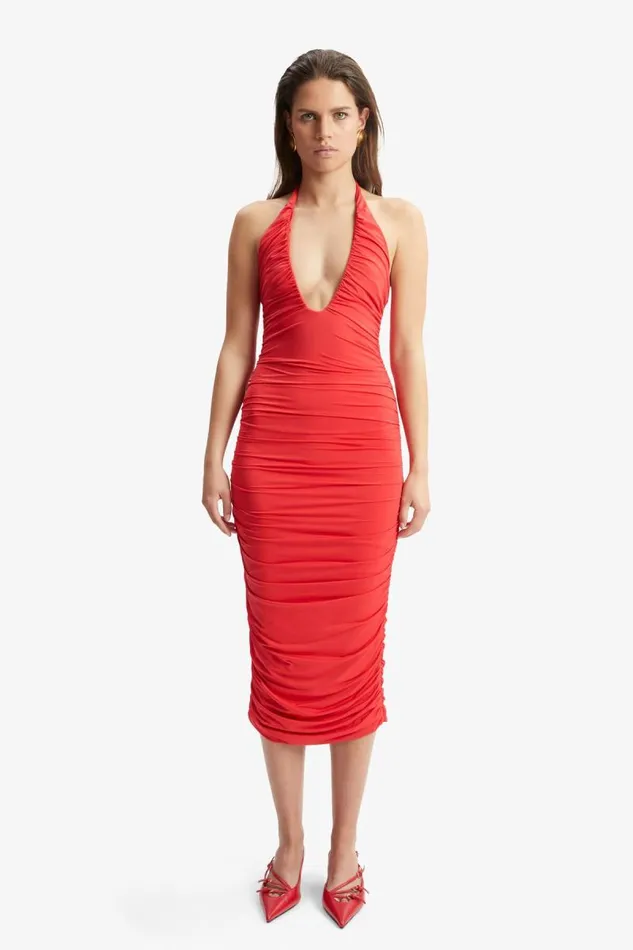 Women Party Dresses Bardot Tisha Halter Midi Dress In Fire Red Fire Red