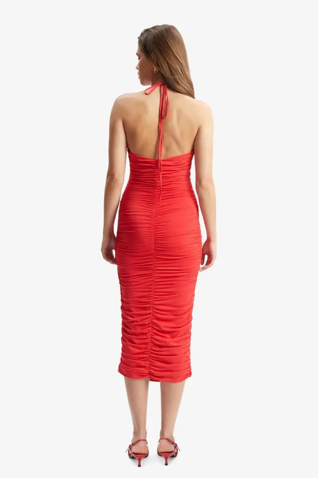 Women Party Dresses Bardot Tisha Halter Midi Dress In Fire Red Fire Red