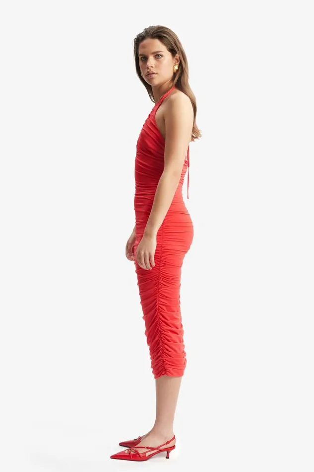 Women Party Dresses Bardot Tisha Halter Midi Dress In Fire Red Fire Red