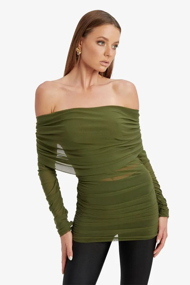 Women Party Tops Bardot Camelia Mesh Top In Khaki Khaki Women Party Tops Bardot Camelia Mesh Top In Khaki Khaki