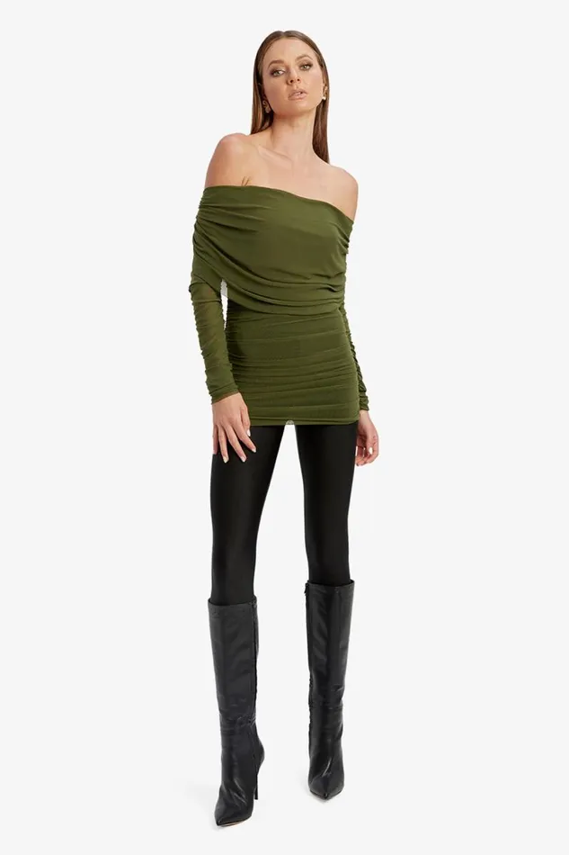Women Party Tops Bardot Camelia Mesh Top In Khaki Khaki Women Party Tops Bardot Camelia Mesh Top In Khaki Khaki