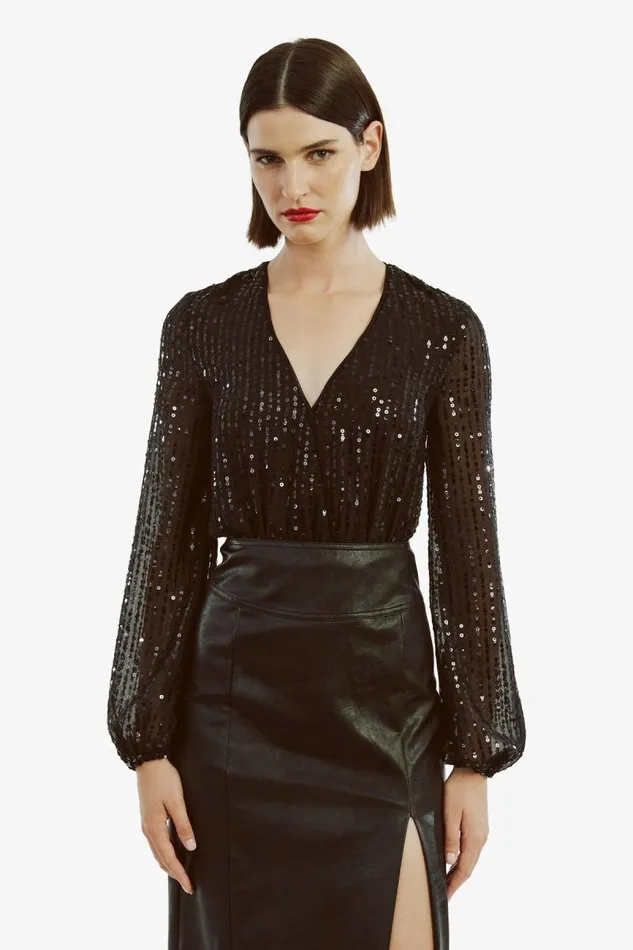 Women Party Tops Bardot Sequin Wrap Bodysuit In Black Black Women Party Tops Bardot Sequin Wrap Bodysuit In Black Black