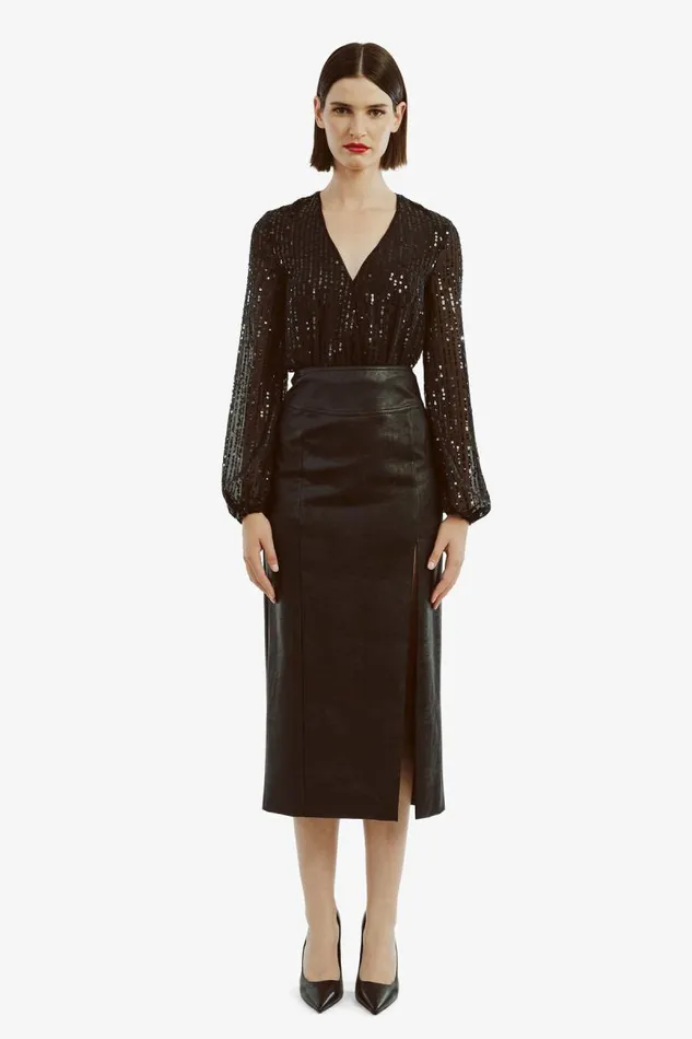 Women Party Tops Bardot Sequin Wrap Bodysuit In Black Black Women Party Tops Bardot Sequin Wrap Bodysuit In Black Black