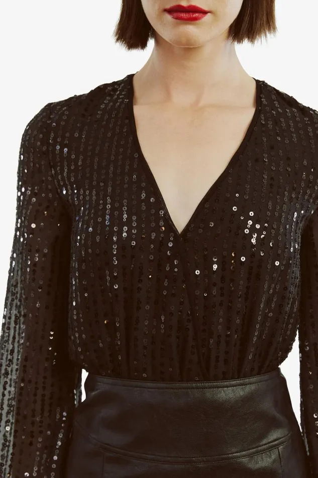 Women Party Tops Bardot Sequin Wrap Bodysuit In Black Black Women Party Tops Bardot Sequin Wrap Bodysuit In Black Black