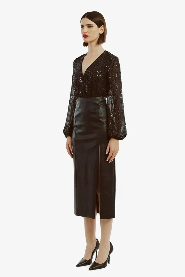 Women Party Tops Bardot Sequin Wrap Bodysuit In Black Black Women Party Tops Bardot Sequin Wrap Bodysuit In Black Black