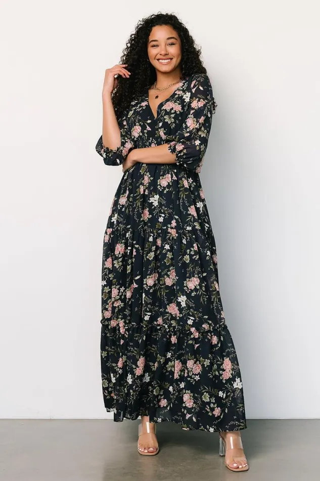 Women Sawyer Tiered Maxi Dress Navy Pink Baltic Born Maxi Dresses