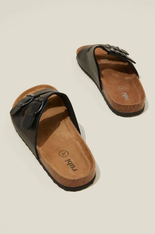 Women Shoes and Slippers Cotton On Rex Double Buckle Slide Black Nubuck