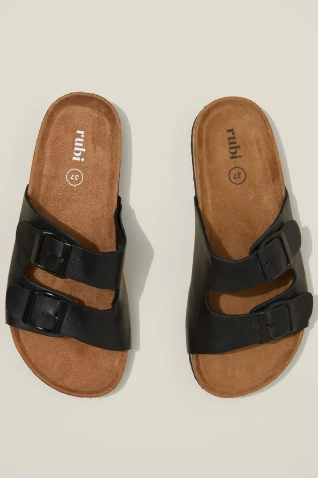 Women Shoes and Slippers Cotton On Rex Double Buckle Slide Black Nubuck