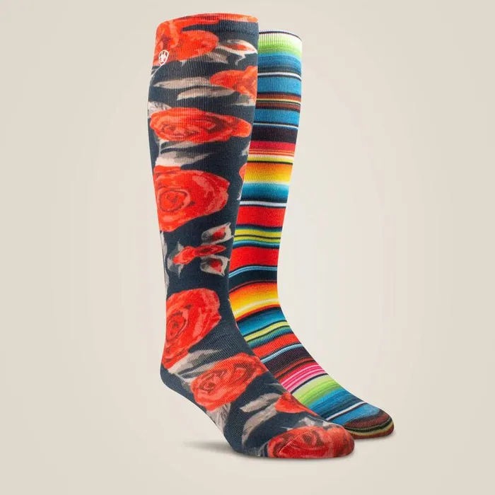 Women Socks Ariat Western Beauty Knee High Sock 2 Pair Multi Color Pack Vintage Rose Printandvibrant Ser