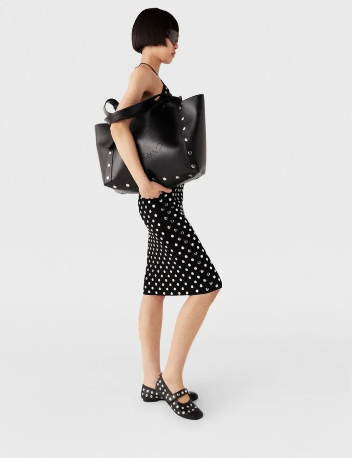 Women Stella Studs Large Tote Bag Pitch Black Stella McCartney Logo Bag