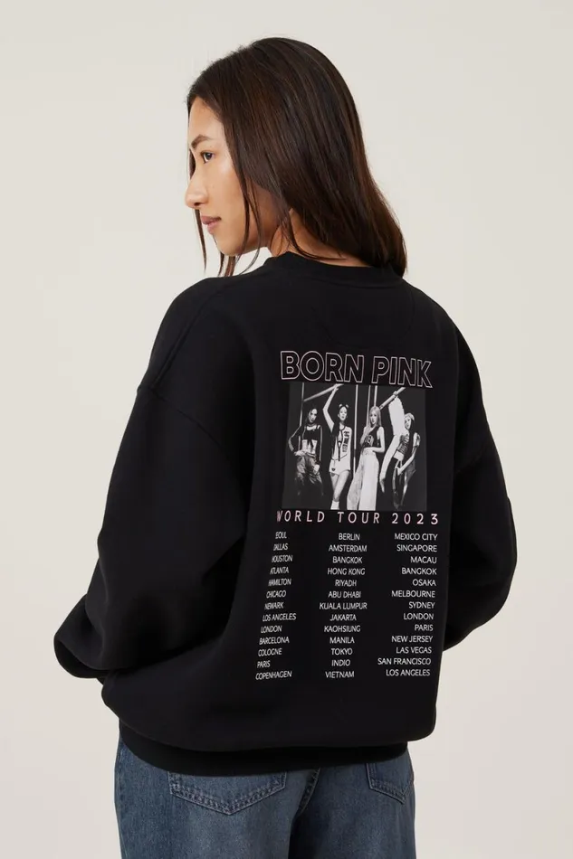 Women Sweats and Hoodies Cotton On Black Pink Crew Sweatshirt Lcn Br Black Pink Born Portrait Black