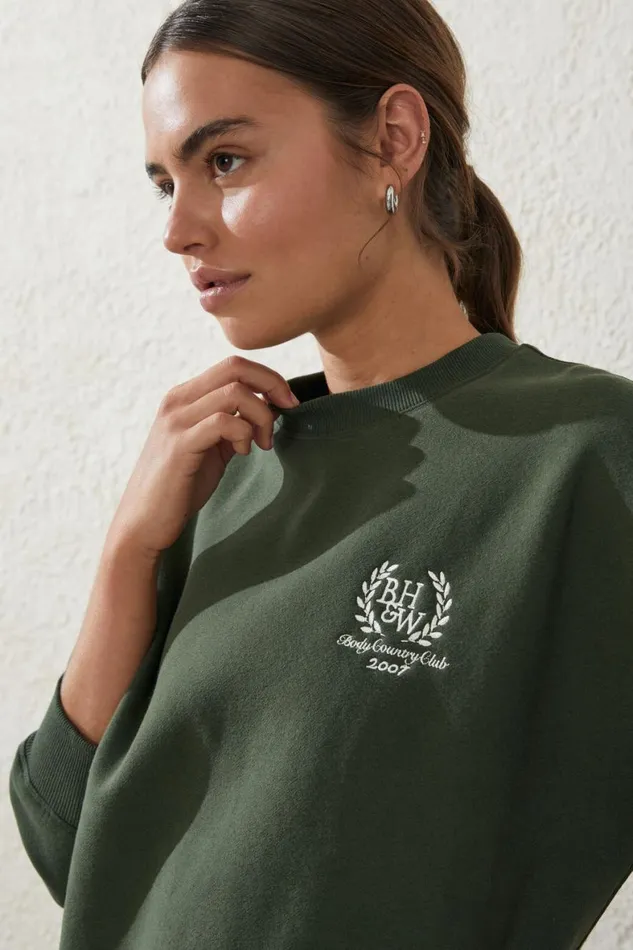Women Sweats and Hoodies Cotton On Plush Essential Graphic Crew Jumper Forest Greenbody Country Club