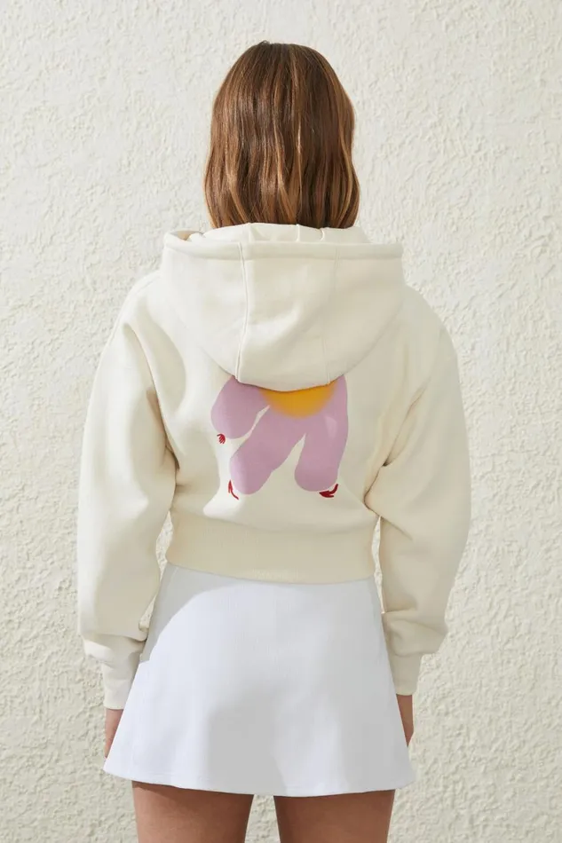 Women Sweats and Hoodies Cotton On Plush Essential Graphic Cropped Zip Through Coconut Milklcn Amber Vittoria