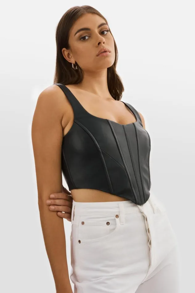 Women TABIA Leather Corset Top Black LAMARQUE Tops