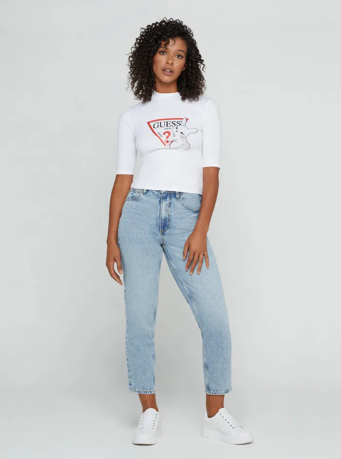 Women Tees and Tanks GUESS White Golden Rabbit Cropped Logo Tshirt