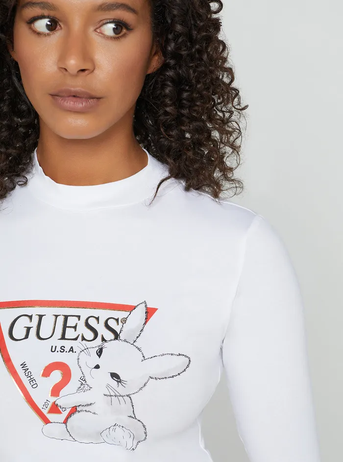 Women Tees and Tanks GUESS White Golden Rabbit Cropped Logo Tshirt
