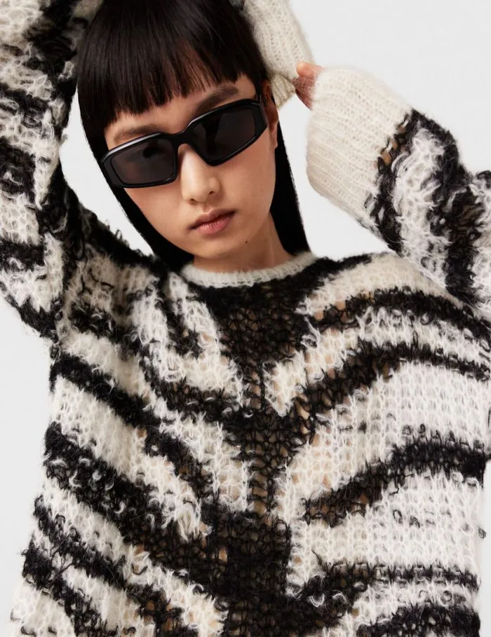 Women Tiger Pattern OpenKnit Sweater Black And White Stella McCartney Knitwear Women Tiger Pattern OpenKnit Sweater Black And White Stella McCartney Knitwear