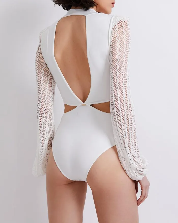 Women Tops and Bodysuits PatBO Plunge Netted Sleeve Swimsuit EXCLUSIVE White Women Tops and Bodysuits PatBO Plunge Netted Sleeve Swimsuit EXCLUSIVE White