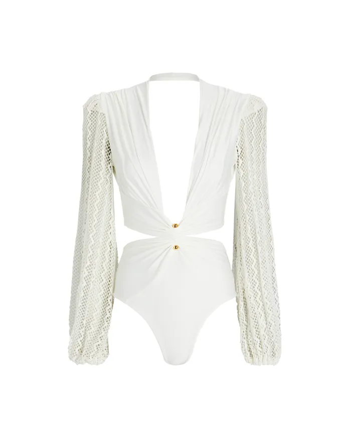 Women Tops and Bodysuits PatBO Plunge Netted Sleeve Swimsuit EXCLUSIVE White Women Tops and Bodysuits PatBO Plunge Netted Sleeve Swimsuit EXCLUSIVE White