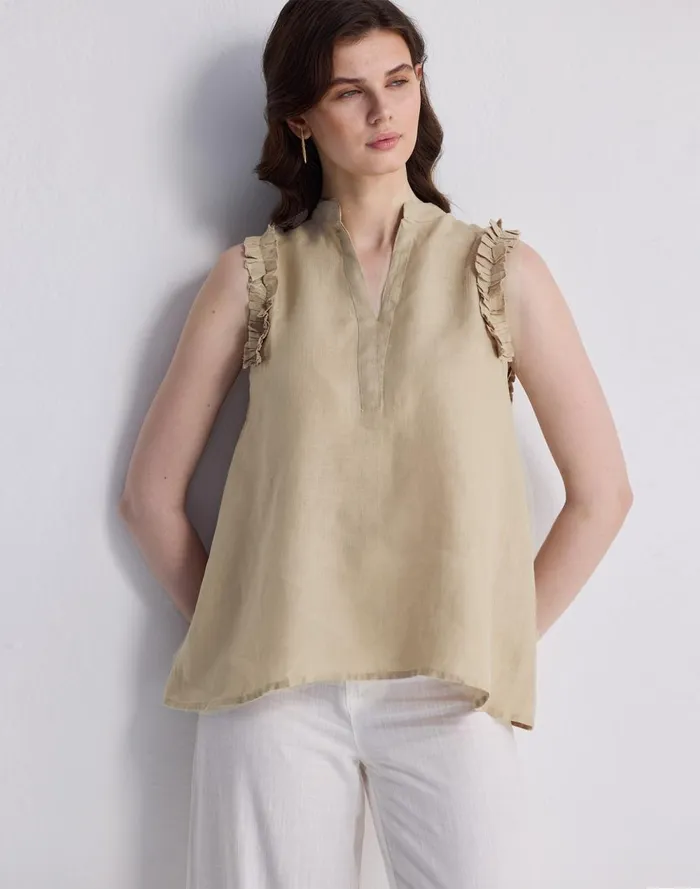 Women Tops and Shirts Madewell Reistor Sleeveless 100 Hemp Top With Ruffles In Neutral Beige Beige
