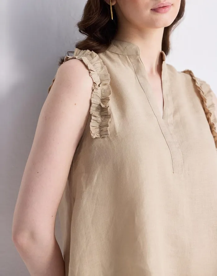 Women Tops and Shirts Madewell Reistor Sleeveless 100 Hemp Top With Ruffles In Neutral Beige Beige