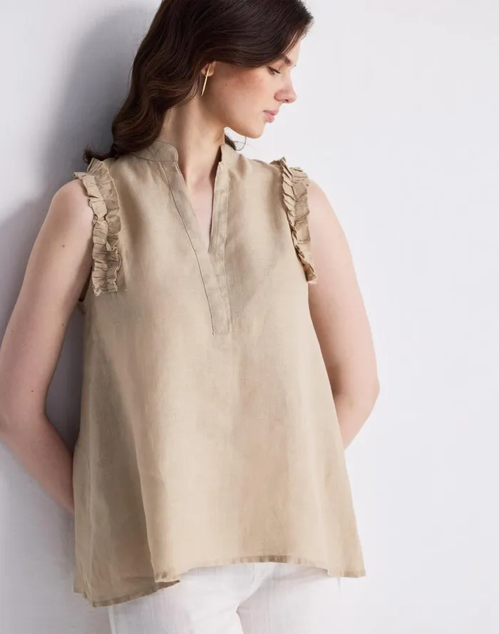 Women Tops and Shirts Madewell Reistor Sleeveless 100 Hemp Top With Ruffles In Neutral Beige Beige