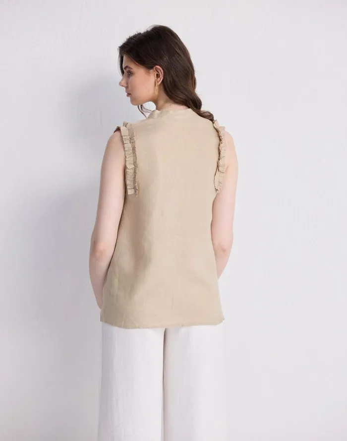 Women Tops and Shirts Madewell Reistor Sleeveless 100 Hemp Top With Ruffles In Neutral Beige Beige
