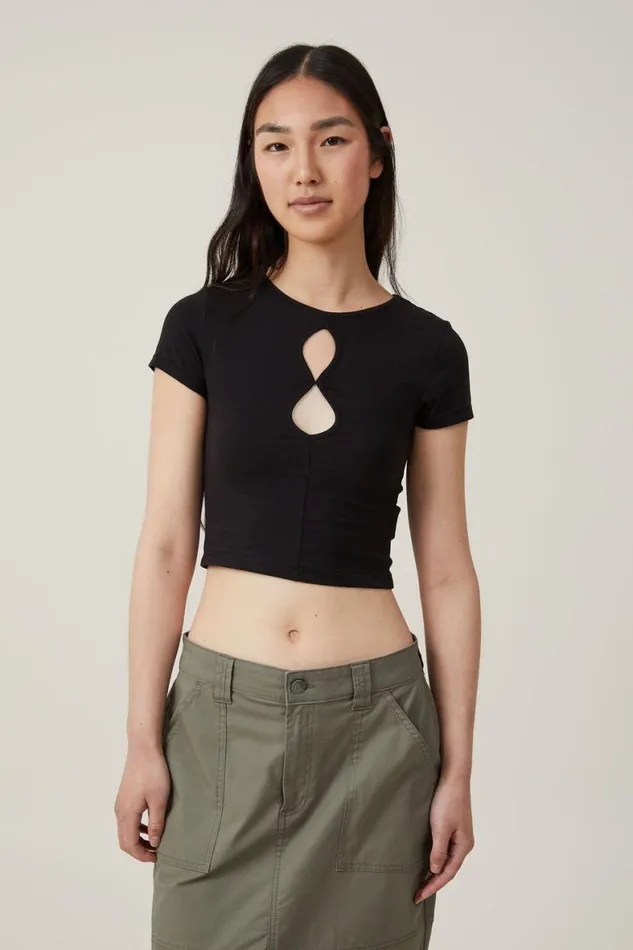 Women Tops Cotton On Bailey Keyhole Short Sleeve Top Black