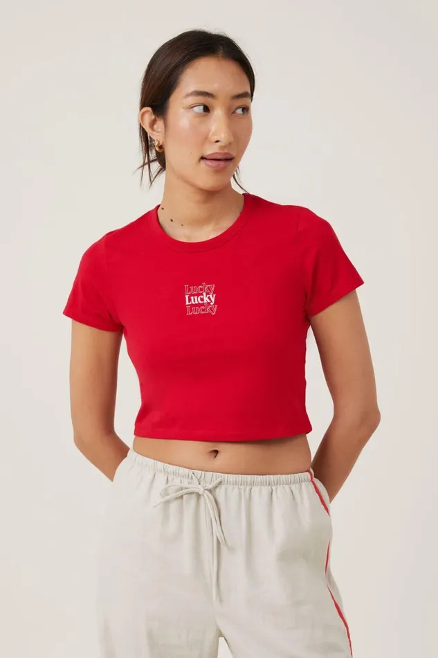 Women Tops Cotton On Crop Fit Graphic Tee Lucky Lucky Luckycrimson
