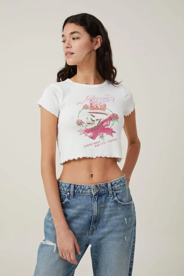 Women Tops Cotton On Crop Lettuce Rib License Tee Lcn Bra Poison Vintage White