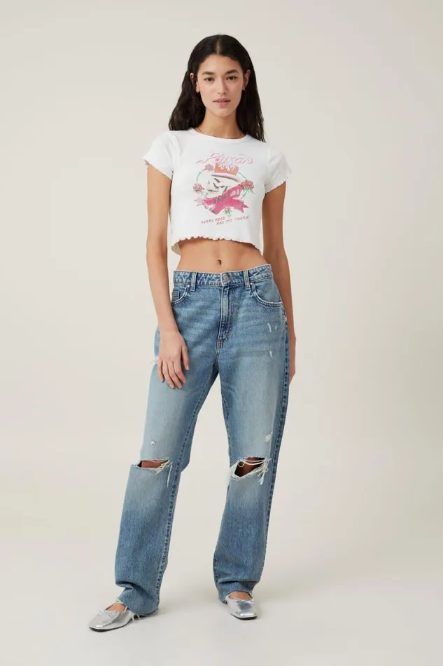 Women Tops Cotton On Crop Lettuce Rib License Tee Lcn Bra Poison Vintage White