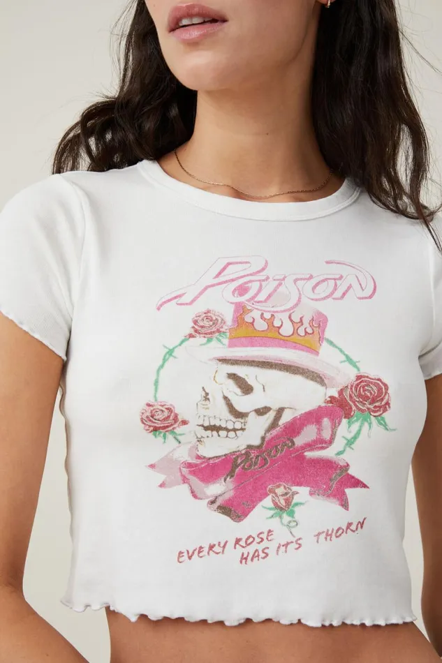 Women Tops Cotton On Crop Lettuce Rib License Tee Lcn Bra Poison Vintage White