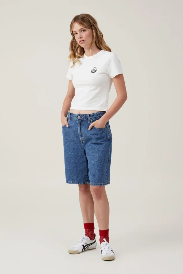 Women Tops Cotton On Fitted Graphic Longline Tee Racing Crest Vintage White