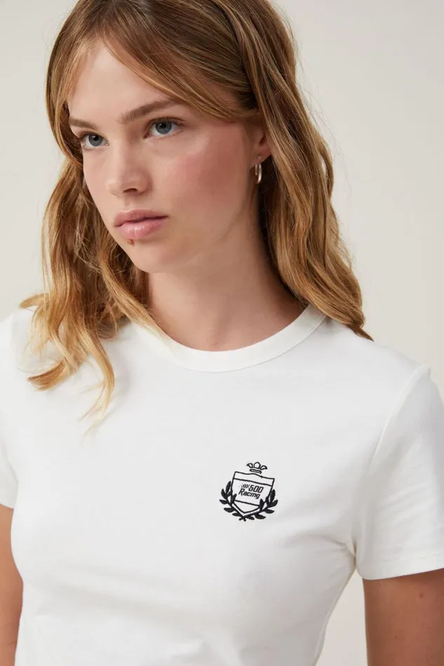 Women Tops Cotton On Fitted Graphic Longline Tee Racing Crest Vintage White