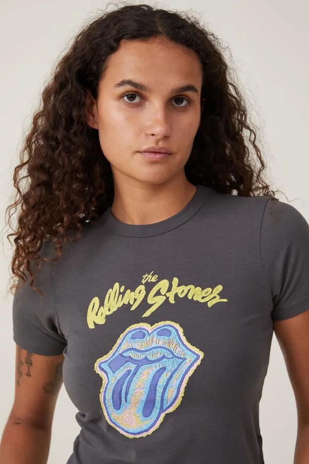 Women Tops Cotton On Lightweight Longline License Tee Lcn Br Rolling Stones Spiral Tonguegraphite