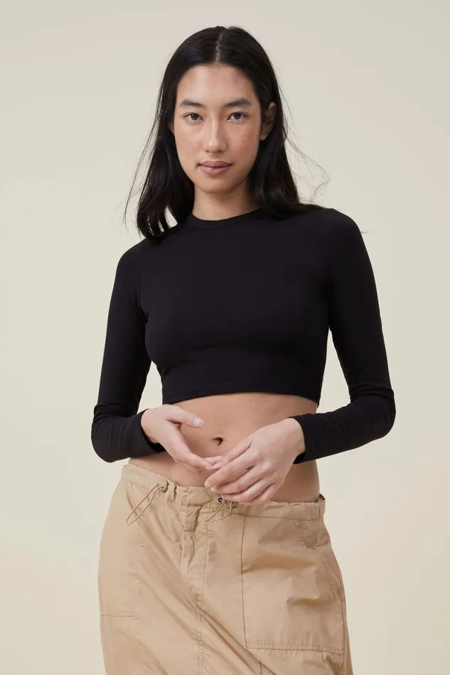 Women Tops Cotton On Micro Crop Long Sleeve Top Black