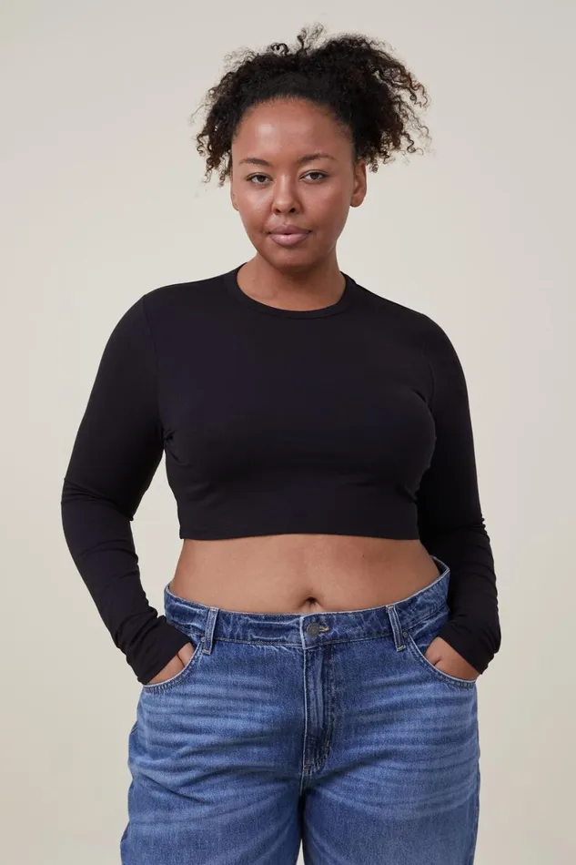 Women Tops Cotton On Micro Crop Long Sleeve Top Black