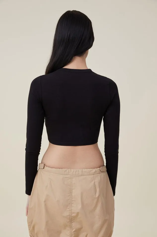 Women Tops Cotton On Micro Crop Long Sleeve Top Black