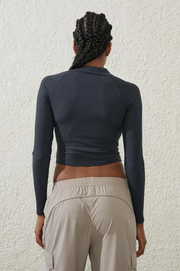 Women Tops Cotton On Rib Cropped Zip Through Long Sleeve Element Blue