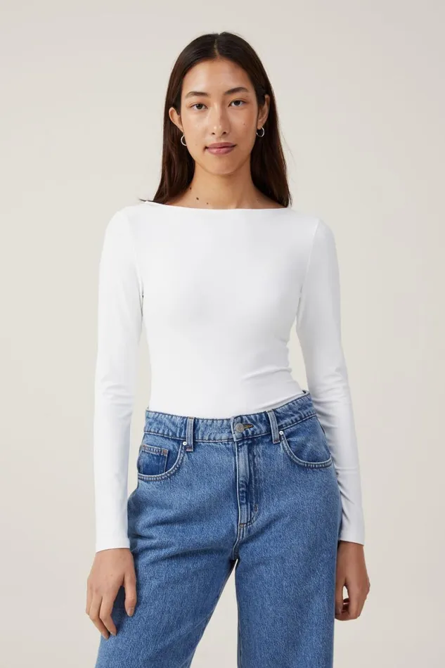 Women Tops Cotton On Smooth Boat Neck Long Sleeve Top Vintage White