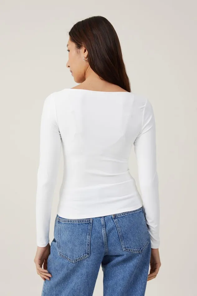Women Tops Cotton On Smooth Boat Neck Long Sleeve Top Vintage White