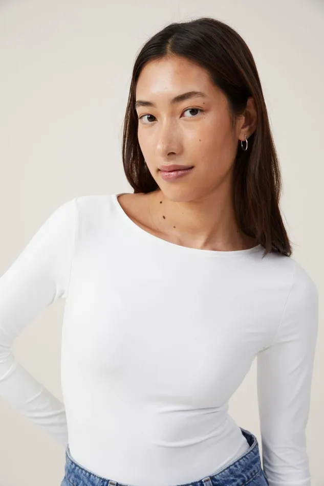Women Tops Cotton On Smooth Boat Neck Long Sleeve Top Vintage White